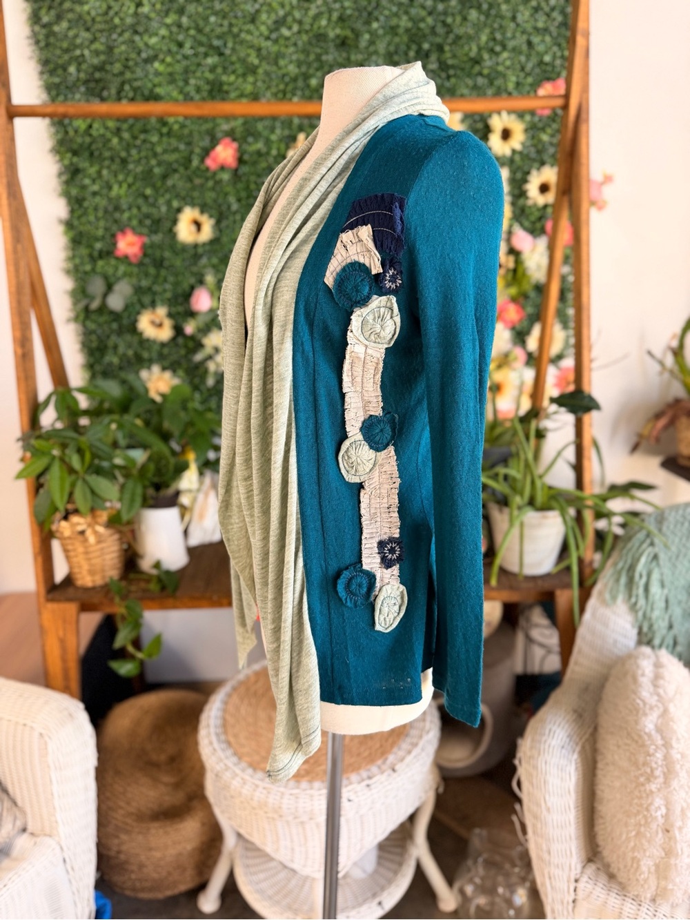 Lulumari Teal Cardigan with Sage Drape and Embroidered Accents